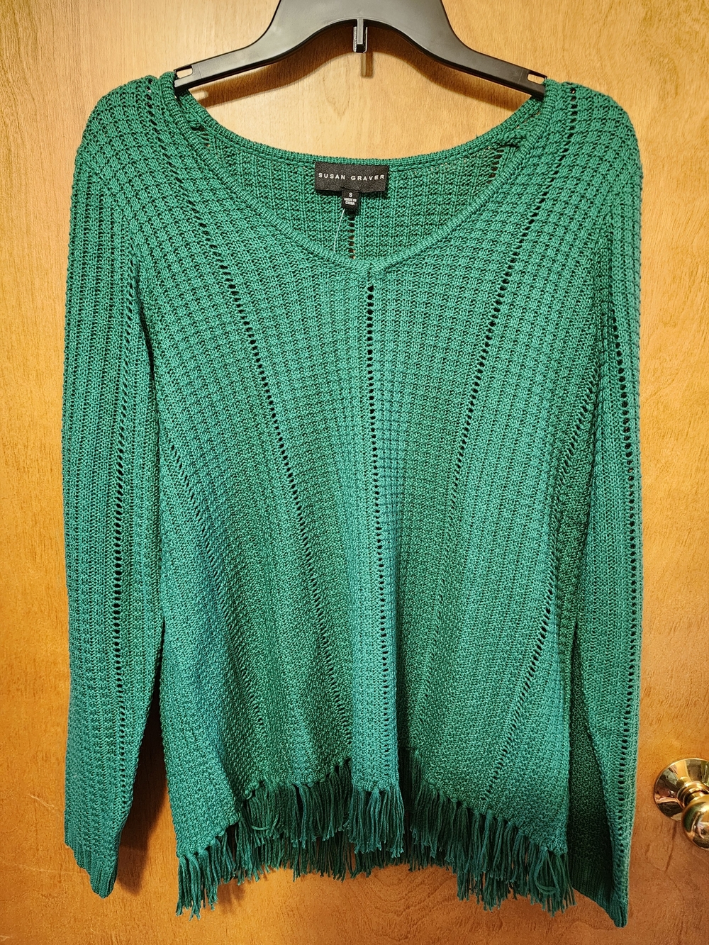 NWT Susan Graver Green Fringe Knit Sweater  Size S